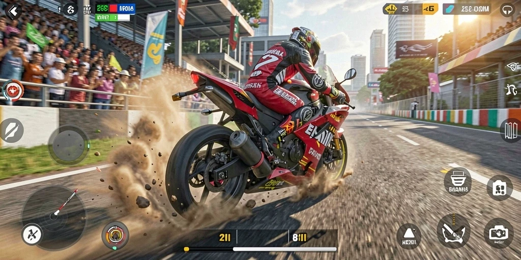 Screenshot dari gameplay balapan motor yang mendebarkan.