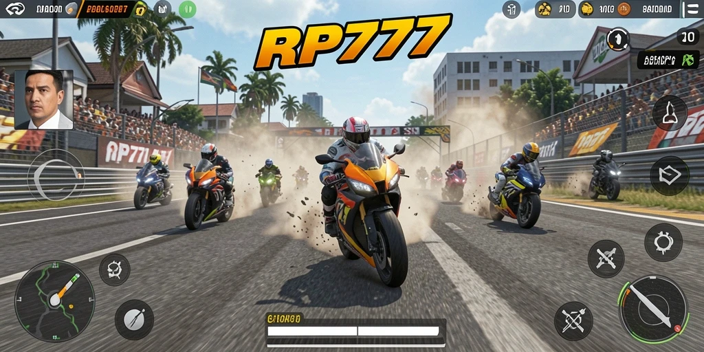 Tampilan gameplay RP777 yang mendebarkan saat balapan motor.
