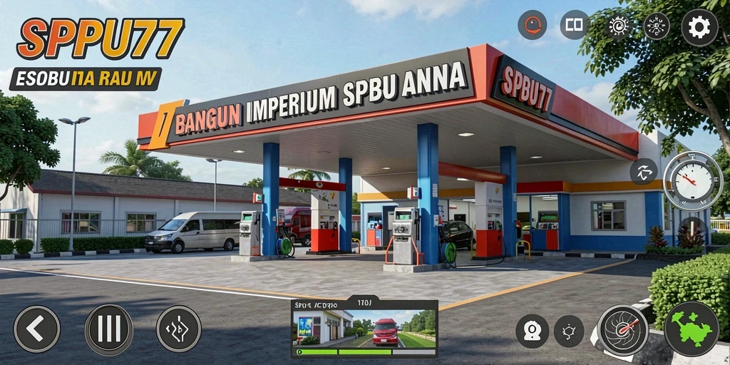 Screenshot menunjukkan stasiun pengisian bahan bakar yang sibuk dan menarik.